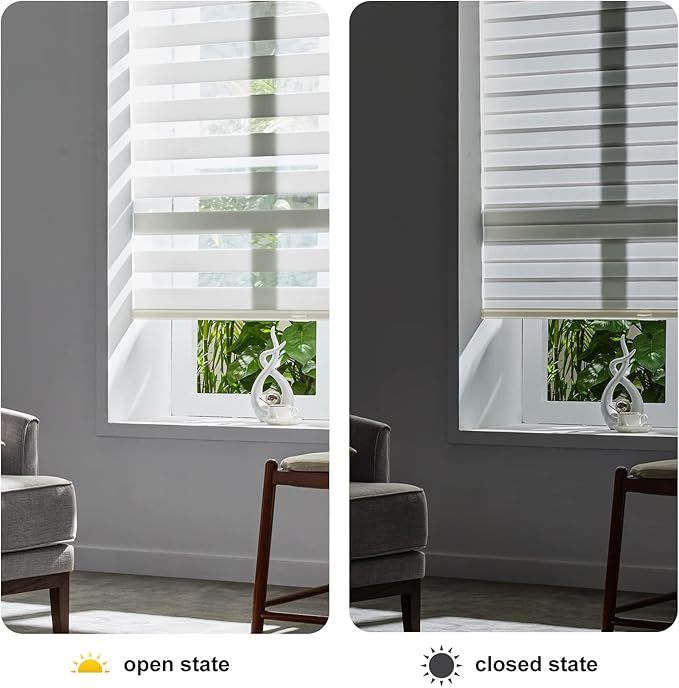 Persilux Cordless Zebra Blinds for Windows Free-Stop Window Blinds (34" W X 64" H, Cream) Dual Layer Light Control for Day and Night, Light Filtering Sheer Shades for Home, Easy to Install