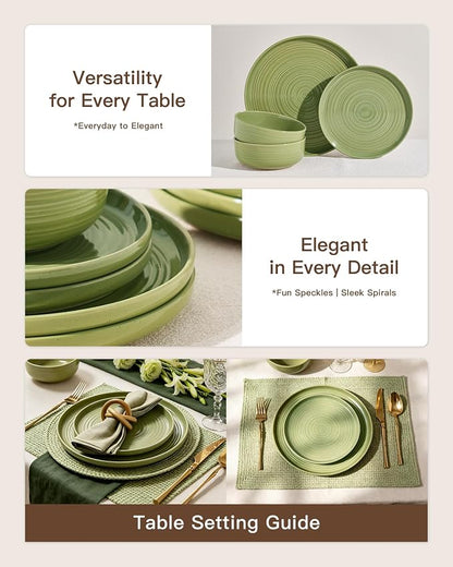 Dinnerware Sets for 6, Ceramic Plates & Bowls, Olive Green | 18-Piece Ceramic