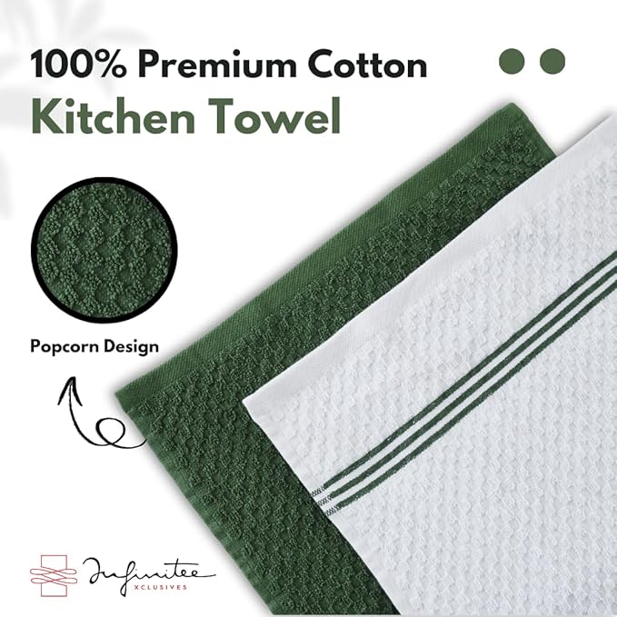 Infinitee Xclusives 100% Cotton Kitchen Towels - 15x25 Inch Ultra Soft Tea Towel, Super Absorbent Terry Dish Towels for Kitchen Linens |Green|