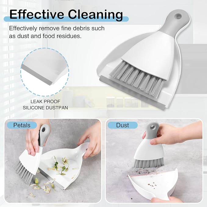 NACENA Mini Dustpan and Brush Set, Small Broom and Dustpan Set Dust Pan and Mini Hand Broom Dustpan and Broom Combo Compact for Home Table Keyboards Sofa Kitchen Pets, White & Gray
