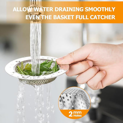 2PCS Kitchen Sink Drain Strainer/Catcher/Basket/Cover/Filter/Trap/Screen, Large Wide Rim 4.5" Diameter, Stainless Steel, Dishwasher Safe