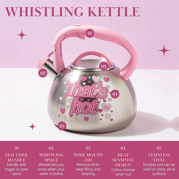 Paris Hilton Whistling Stovetop Tea Kettle, Stainless Steel with Color Changing "That's Hot" Heat Indicator Design, Soft Touch Handle, 2.5-Quart, Pink