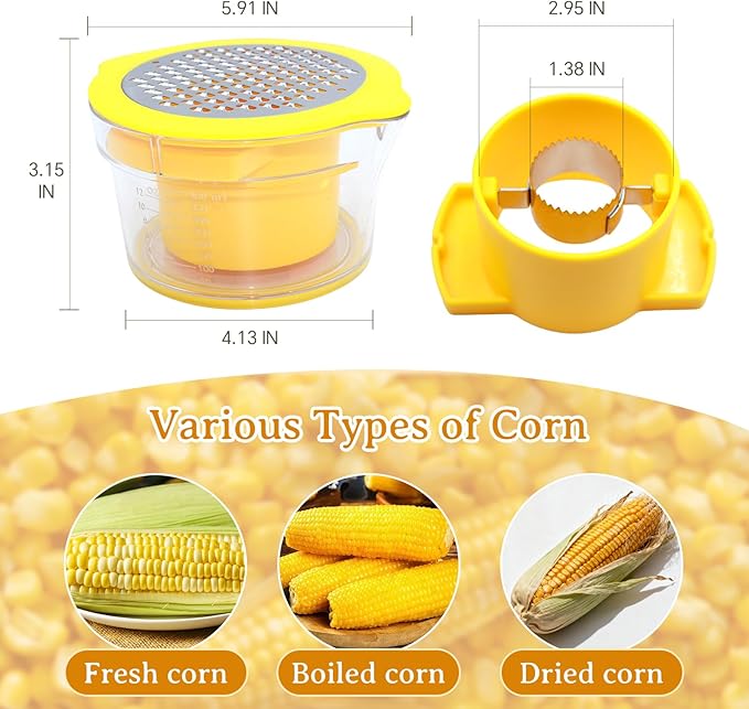 Corn Cob Stripper and Peeler Tool with Bowl, Multifunction Quick Corn Kernel Cutter Set with Grinder, Fast Kernel Peeler for Corn on The Cob, Non-Slip Base for Kitchen