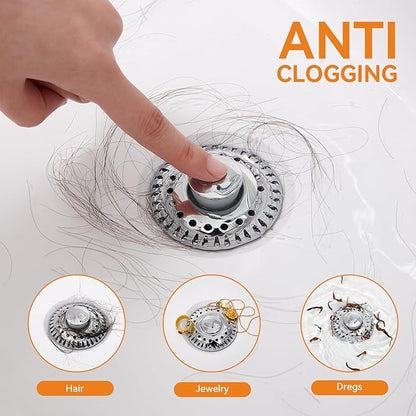 Bathroom Sink Stopper for 1.06"-1.65" Drain Holes, 2 in 1 Bath Sink Drain Strainer Stopper, Pop Up Drain Cover Plug with Hair Catcher, Stainless Steel (Chrome Silver-1p)