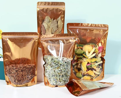 150-pack 7” x 10” 1 Quart Stand Up Mylar Bags with Clear Window Resealable Foil Pouches for Food Storage Smell Proof Edible Packaging Zip Bag for Jewelry and Small Business Bulk, Golden