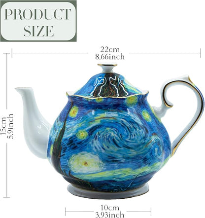 Teapot 30 oz Van Gogh Paintings Bone China Loose Tea Pot Floral Design Vintage Ceramic Coffee Water Pot European Style Porcelain (Starry Sky)