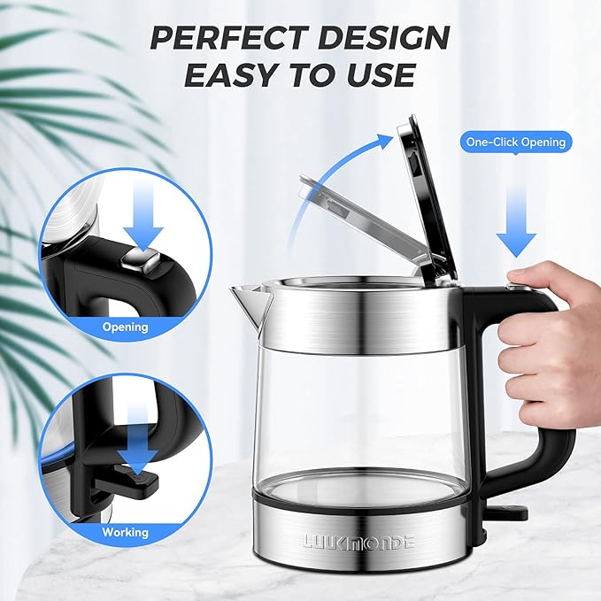 LUUKMONDE Electric Kettle, 1L 1500W, Small Glass Tea Kettle, Hot Water Boiler with LED Indicator, Cordless Water Heater Kettle, BPA-Free, Fast Boiling, Auto Shut-Off, Boil-Dry Protection