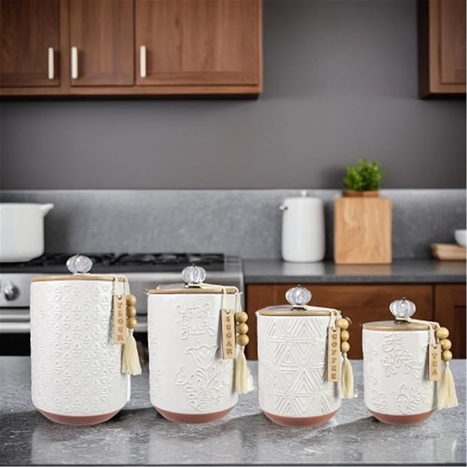 Youngs 21207 Ceramic Canister with Wood Lid and Silicon Seal, Crystal Knob and Blessing Bead Tassel Accent, 4-piece Set