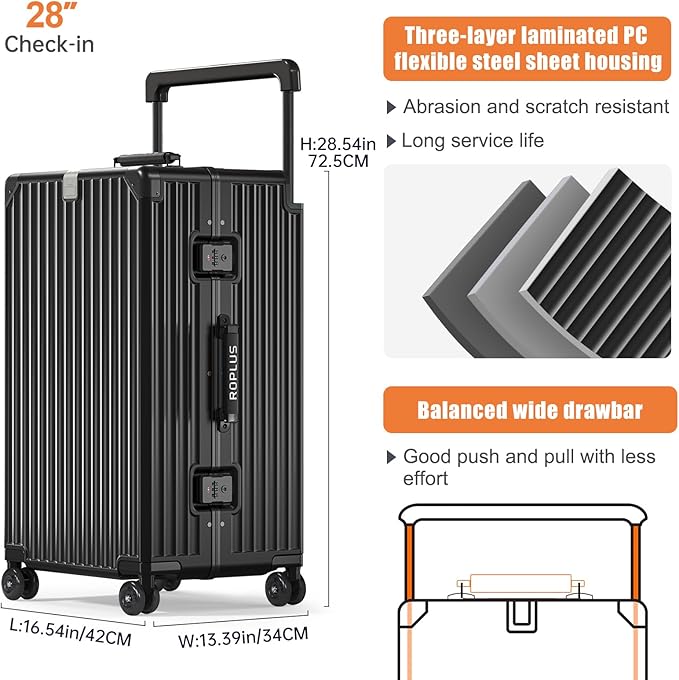 Aluminium Frame Checked- In Luggage with Smooth Jelly Wheels, Hardside Zipperless Rolling Suitcase with TSA Lock (Pure Black, 28-Inch)