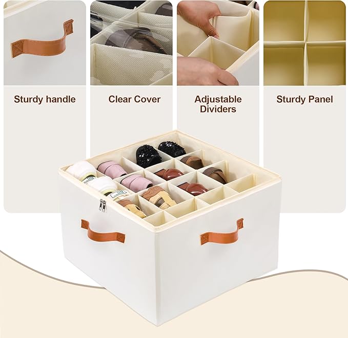 Shoe Organizer for Closet, Fits up to 16 Pairs Shoe Storage, Clear Foldable Shoe Containers Boxes Bins Baskets with Adjustable Dividers and Clear Cover White