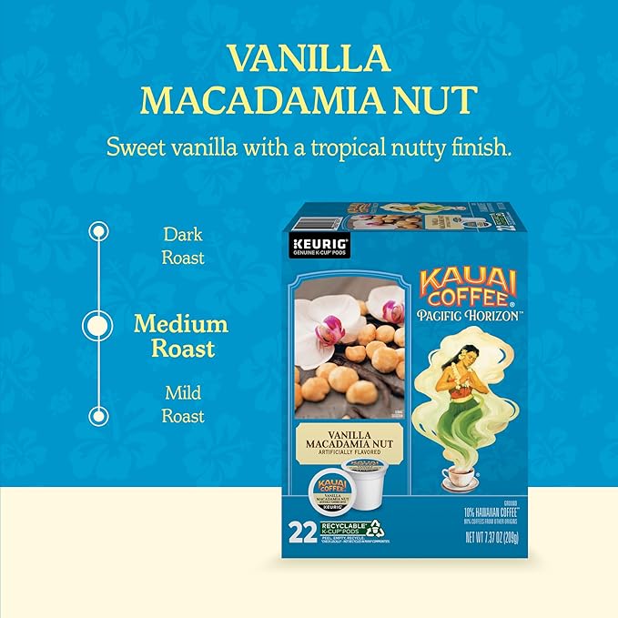 Kauai Coffee K-Cup Pods for Keurig Brewers – Arabica Coffee, 10% Hawaiian – Medium Roast, Vanilla Beans with Toasted Macabamia Nuts – Vanilla Macadamia Nut, 1 Pack of 22 Single Serve K-Cups