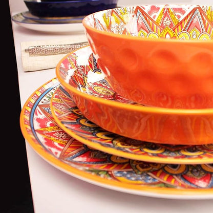 Mandala Dinnerware Sets (16 PCS) Serves for 4, Buffet Dinnerware, Boho Plates and Bowls Set with 8.3" salad Plate 8.6"/10.6"dinner Plate 6.4" bowl, apply Indoor Outdoor Dining
