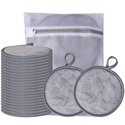 Large Reusable Makeup Remover Pads for Face, Soft Microfiber Makeup Remover Cloths Washable, Premiun 5 INCH Face Cleaning Pad with Laundry Bag, 24 Pack Grey