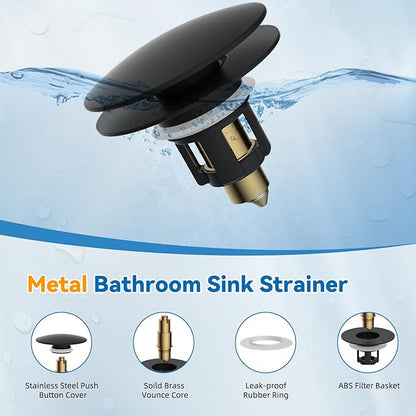 iFealClear Universal Black Bathroom Sink Stopper, Metal Pop Up Sink Drain Strainer with Hair Catcher, Fit 1.1"-2.36" US Basin, Wash Basin Drain Plug, Big Cover Cap, Brass Bounce Core, Matte Black