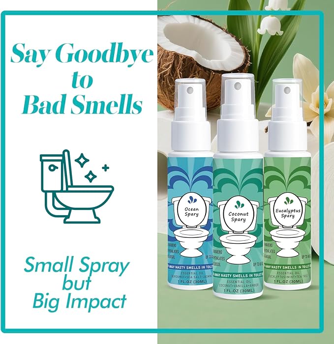 Toilet Spray for Poop 3 Pack, Travel Size Variety, Bathroom Odor Eliminator - Ocean Eucalyptus Coconut