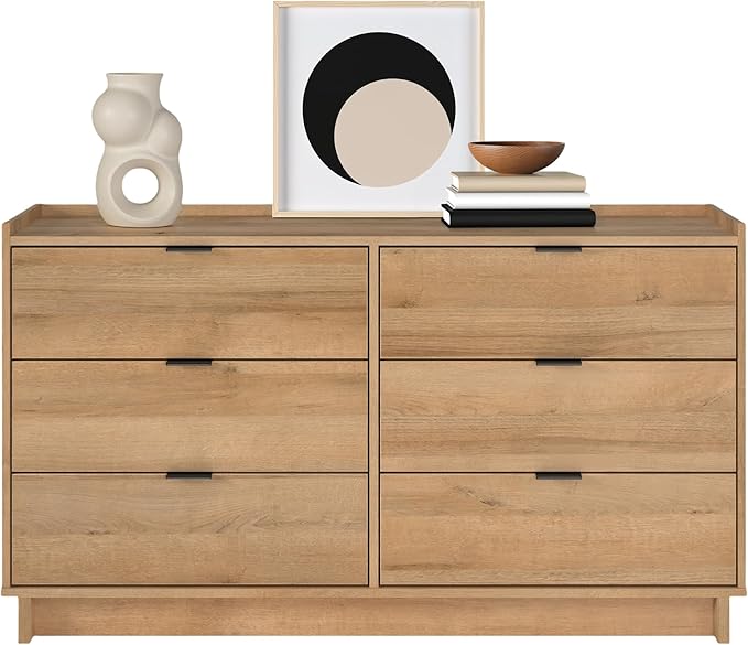Prepac Simply Modern 6-Drawer Double Dresser for Bedroom, Chest of Drawers, Modern Bedroom Furniture, 52.5” Wide x 16” deep x 29.5” Tall, Oak