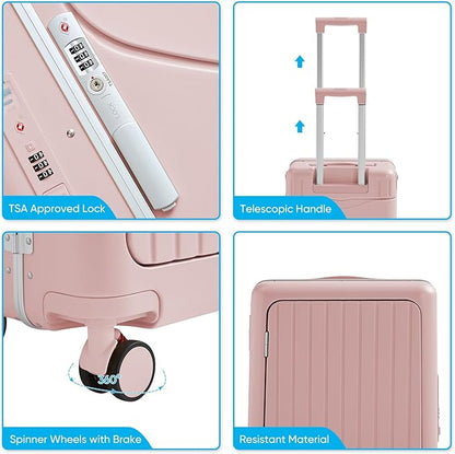 TABU 20" Ride-on Luggage with Seat，Front Opening Carry-On Hardshell Ride On Suitcase with Built-in Charging Port, 360° Lockable Spinner and TSA Lock, for Kids & Adults, Pink