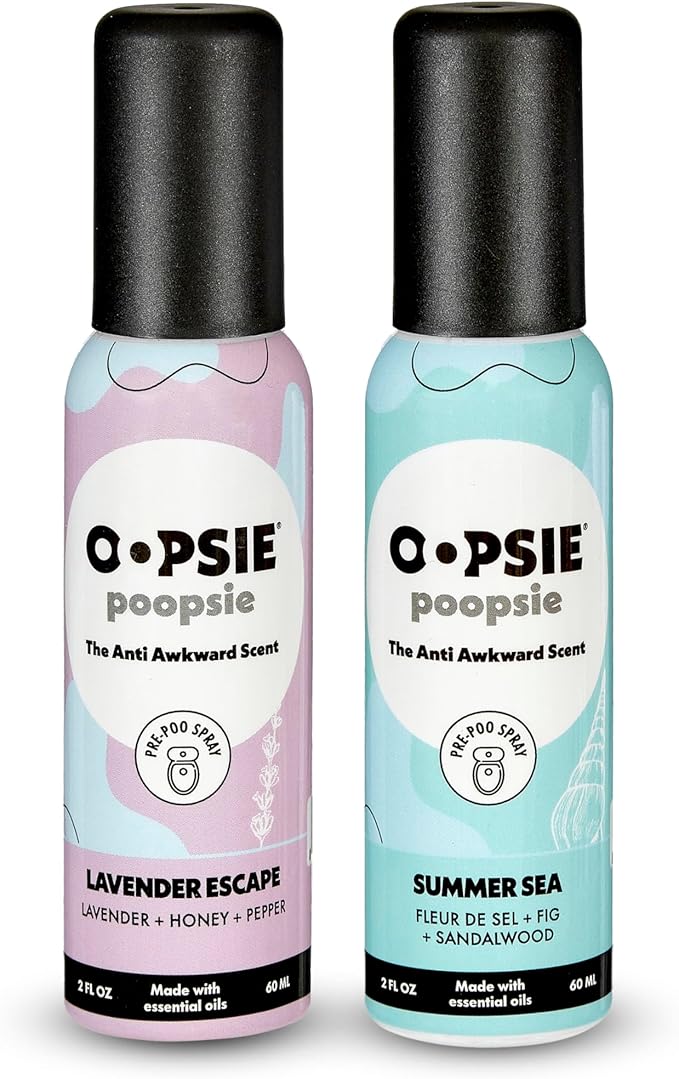 Oopsie Poopsie Pre GO toilet spray, discreet & portable original Pre-poo spray to use on the go. Assorted scents Lavender Scape/Summer Sea Toilet Odor Eliminator 2oz bottle Gift Set 2 pack
