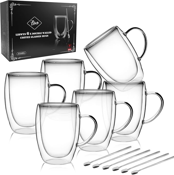 LIBWYS 6 Pack Double Walled Coffee Cups Glasses Mugs, 12oz Espresso Cappuccino Latte Tea Cups with Handle, Heat Resistant Borosilicate Clear Glasses 350ml