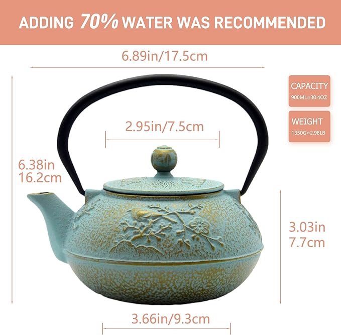 30.4oz Small Cast Iron Tea Kettle,SECHUDO Tea Pot Coated with Enameled Interior for Loose Tea, Cute Cast Iron Teapot with Stainless Steel Infuser for Stovetop Safe (900ml)
