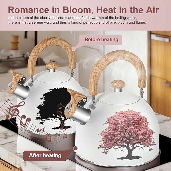 ARC Stainless Steel 2-Quart Whistling Milk White Tea Kettle with Magic Color Changing Design, Stovetop Teapot With Folding Cup & Trivet Mat