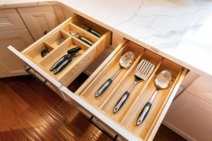 Umilife Bamboo Kitchen Utensils Organizer, 13 Inch Drawer Dividers for Silverware, Extra Deep Holder, with Non-Slip Feet, Wood Caddy for Flatware Cutlery