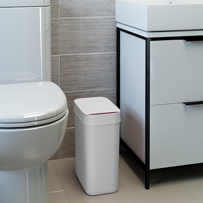 iTouchless 3 Gallon Bathroom Sensor Trash Can, 10 Liter Small Touchless Automatic Slim Garbage Bin with Lid, Smart Narrow Motion Control Commercial Waste Basket for Office, Bedroom, White