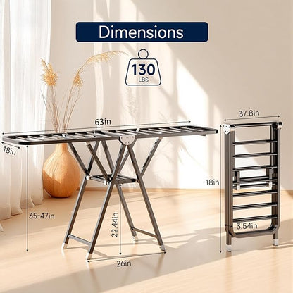 MIKEE Clothes Drying Rack,Stainless Steel Foldable Laundry Drying Rack for Indoor & Outdoor Use，with Height-Adjustable Wings，2-Tier Clothes Rack with Windproof Hanging Holes and Wheels，132 lbs