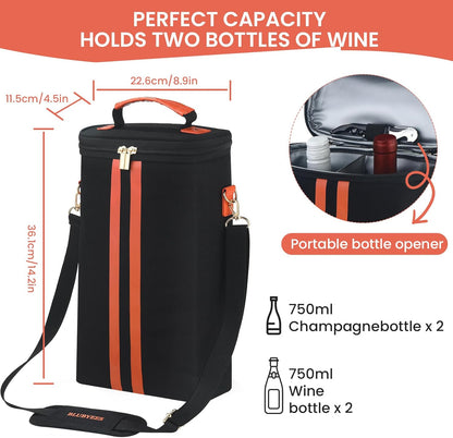 2-Bottle Insulated Wine Carrier Tote - Leakproof Padded 900D Oxford Wine Cooler Bag for Travel, Picnics, Beach & Parties - Ideal Wine Gift for Wine Lovers