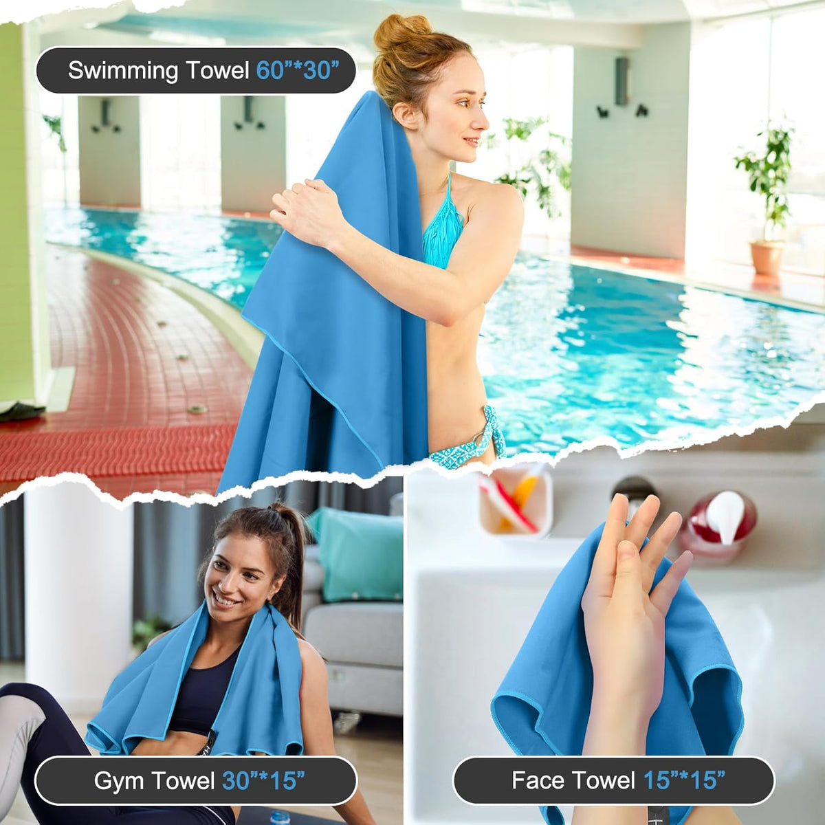 Quick Dry Travel Towel, 3 Sizes 1 Pack Camping Microfiber Towel, Lightweight Fast Drying Towels Set 60"x30", 30"x15", 15"x15" w/Bag for Gym, Beach, Hiking, Swimming, Light Blue