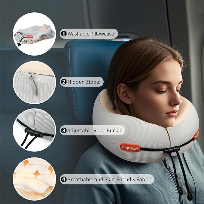Thickened Travel Neck Pillow for Airplanes for Women, Adjustable Right Amount of Height 360° Support Memory Foam Neck Pillow, Portable Plane Pillow for Sleeping