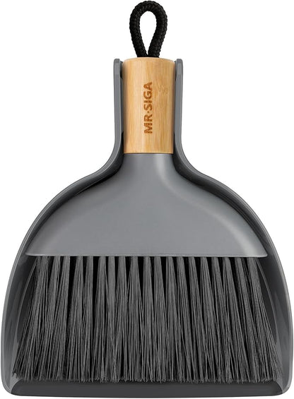 MR.SIGA Mini Dustpan and Brush Set, Portable Cleaning Brush and Dustpan Combo with Bamboo Handle, Gray, 1 Set