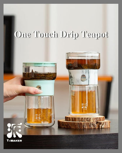 ZENS Modern Small Glass Infuser Teapot, Magic One Touch Drip Tea Pot Infusers for Loose Tea Diffuser, Cool Herbal Teapot with 200ml insulated Cup and Portable Gray Tea Kits for Tea Lovers Gifts