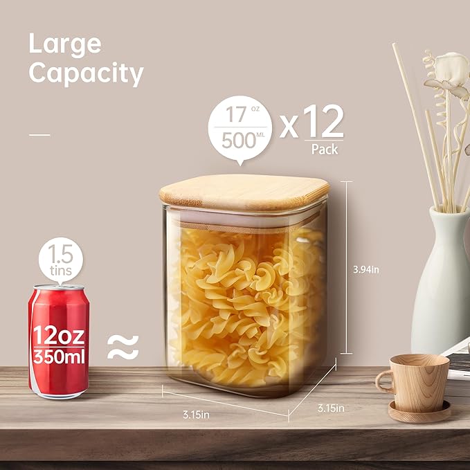 Square Glass Jars with Bamboo Lids 17 FL OZ [Set of 12], Glass Canisters with Airtight Lids, Glass Food Storage Containers for Spice, Sugar, Tea, Candies, Cookies, Best for Kitchen & Pantry