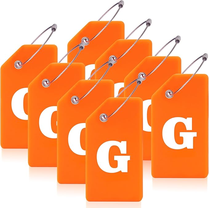 8 Pcs Luggage Tags for Suitcases, 26 Initial Letter Travel Luggage Baggage Identification Labels ID Tags Fully Bendable Tags with Stainless Steel Loop (Letter G, Orange)