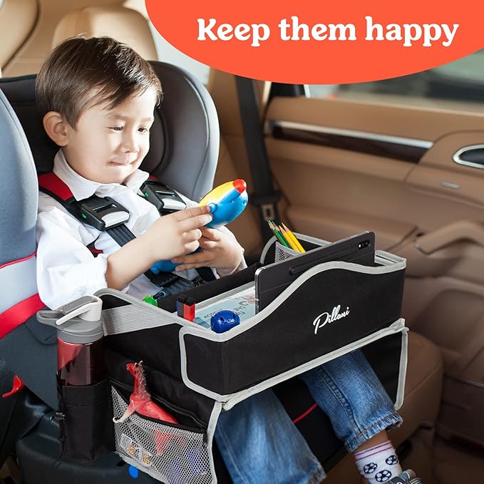 PILLANI Kids Travel Tray for Car - Car Seat Tray for Kids Travel, Car Trays for Kids Roadtrip Essentials, Carseat Table Tray for Kids Road Trip Activities - Toddler Lap Desk Organizer for Airplane