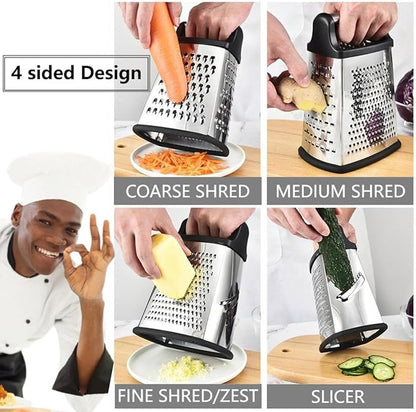 Stainless Steel 4 Sides Grater Slicer with Handle, Multifunctional Cutter Planing for Ginger, Garlic, Cucumbers, Carrots, Cheese, Potato, Ergonomic Design Kitchen Gadgets Accessories（Black）