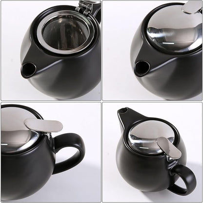 Small Ceramic Teapot With Stainless Steel Infuser, Heat Resistant, Perfect Tea Maker, Black, 350ml/12.0oz