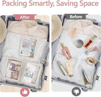 PACKISM Clear Makeup Bag - Soft Plastic Color-Edged TSA Approved Toiletry Bag, Reusable Clear Toiletry Bags with Golden Zipper, Beige