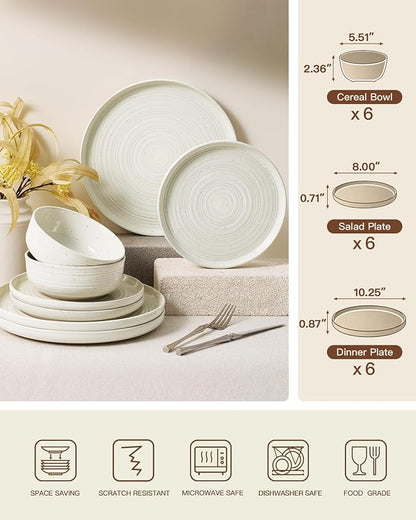 Stoneware Dinnerware Sets for 6, Plates and Bowls, Cream | 18-Piece Ceramic