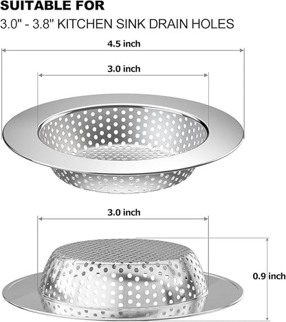 2PCS Kitchen Sink Drain Strainer/Catcher/Basket/Cover/Filter/Trap/Screen, Large Wide Rim 4.5" Diameter, Stainless Steel, Dishwasher Safe