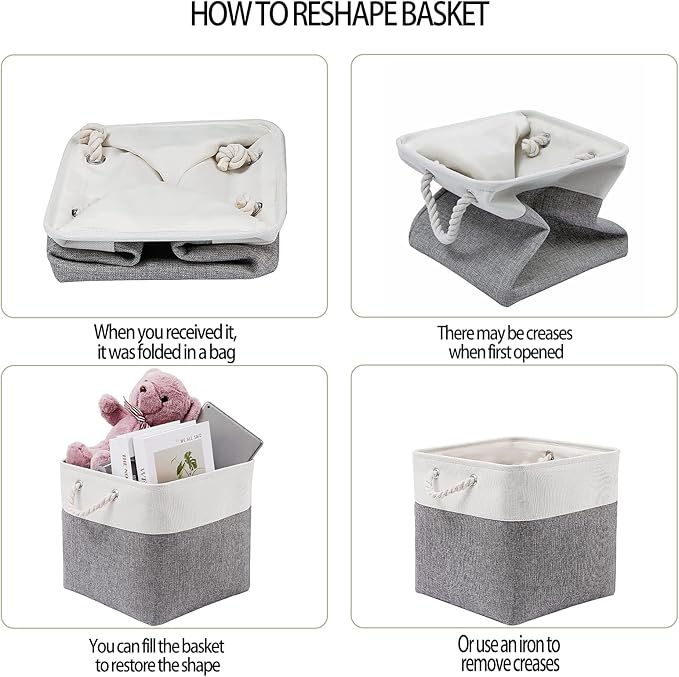 13 x 13 Inch Cube Storage Bins, 4 Pack Large Collapsible Fabric Storage Bin with Ropes, Foldable Storage Cubes for Home, Office,Closet, Clothes, Toys Organizer (White & Grey)