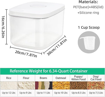 Airtight Flour Container 6.34 QT, Clear PET Plastic Food Storage Container Bin with Pop Up Lids For Rice Flour Sugar, Dry Food Holder for Kitchen Pantry Organization and Storage