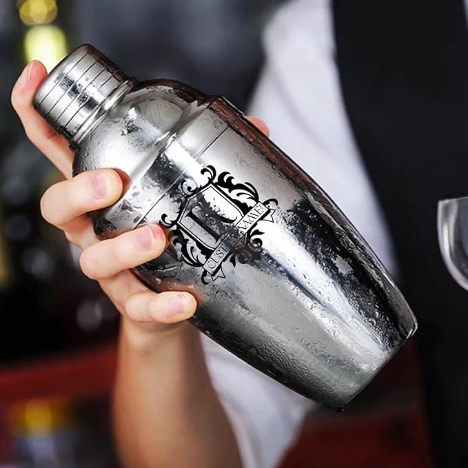 Personalized Cocktail Shaker 24oz - Custom Stainless Steel Bar Kit with Engraved Name, Built-in Strainer & Measuring Jigger & Spoon, Gift for Bartenders & Cocktail Lovers (Shield Design)