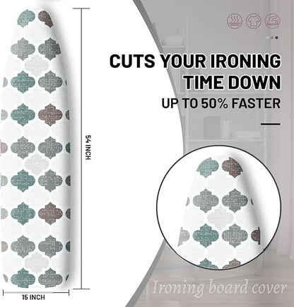 Extra Thick Ironing Board Cover and Pad, Retro Gray Moroccan Geometric 15x54 Ironing Board Cover, Resist Scorching and Staining,Elastic Edges,Modern Abstract Art