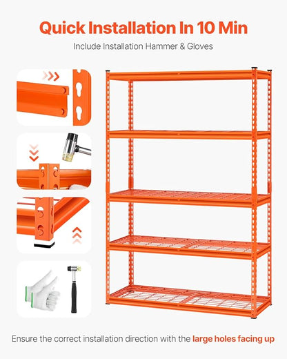 VEVOR Storage Shelves, 2500 lbs, 5 Tier Heavy Duty Garage Shelving, 18" D x 48" W x 72" H Adjustable Metal Shelves for Industrial Shelving Unit Utility Shelf, for Kitchen, Warehouse, Basement, Orange