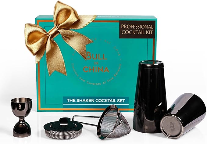 5 Piece Cocktail Kit by Bull In China - Premium Bartender Gift Set Includes Weighted 2 Piece Boston Shaker, Hammered Bell Jigger, Hawthorne Strainer & Fine Mesh Strainer (Gunmetal Black)