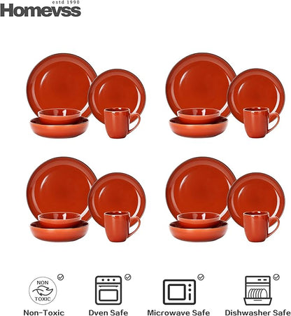 HomeVSS 20-Piece Dinnerware Set - Serves 4, Bright Glaze Orange plates and bowls sets with Speckle Effect for Microwave & Dishwasher Safe