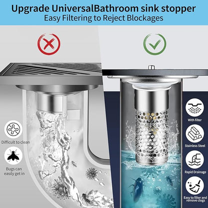 2 Pcs Universal 2-in-1 Sink Stop&Drain Strainer-Upgraded Pop-Up Design Sink Drain Plug Strainer with Stainless Steel Anti-Pooling Basket and Cleaning Brush for U.S. 1.1-1.6 Inch Drain Holes