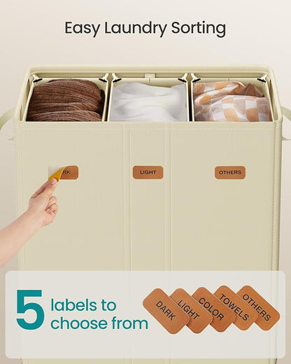 SONGMICS 42.2 Gallon (160 L) Laundry Hamper, 3-Compartment Laundry Basket Sorter with Lid, Labels, Removable Liner Bags, for Bedroom, Cream White URLH013W01
